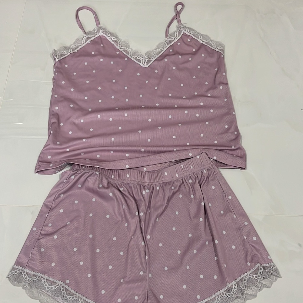 SHEIN Purple and White Polka Dot Pajama Set with Lace Trim